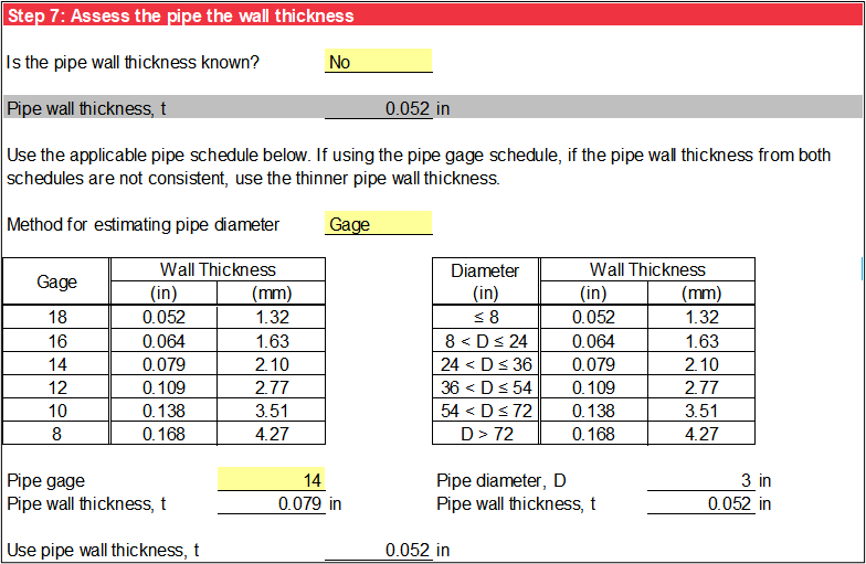 Step 7 of Steel and Aluminum Pipe worksheet: Pipe wall thickness using pipe gage schedule.